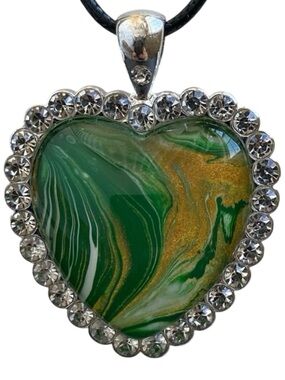 Hand Crafted Heart Necklace Green and Gold Fluid Art Pendant by Svetlana Yeung
